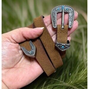American Eagle Suede Leather  Turquoise Silver Tones Western Belt Sz M/L ~40”